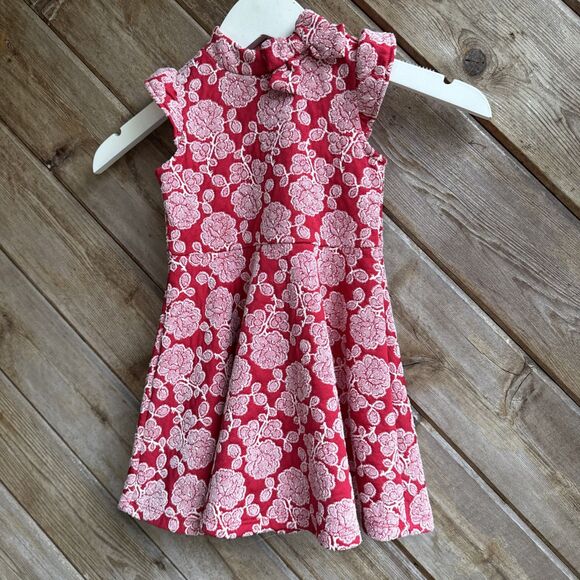 Janie and Jack Bradbury Red Floral Jacquard Dress Bow Neck Girls Size 2t - Picture 1 of 5